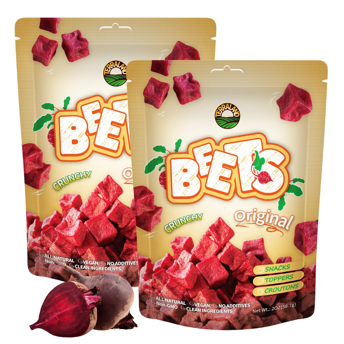 Terraland Beets Crispy Cubes-Original, Crispy & Crunch, Vegan, Idea for Snacking or Pairing with Salad and Cereal 2oz Bag - Pack