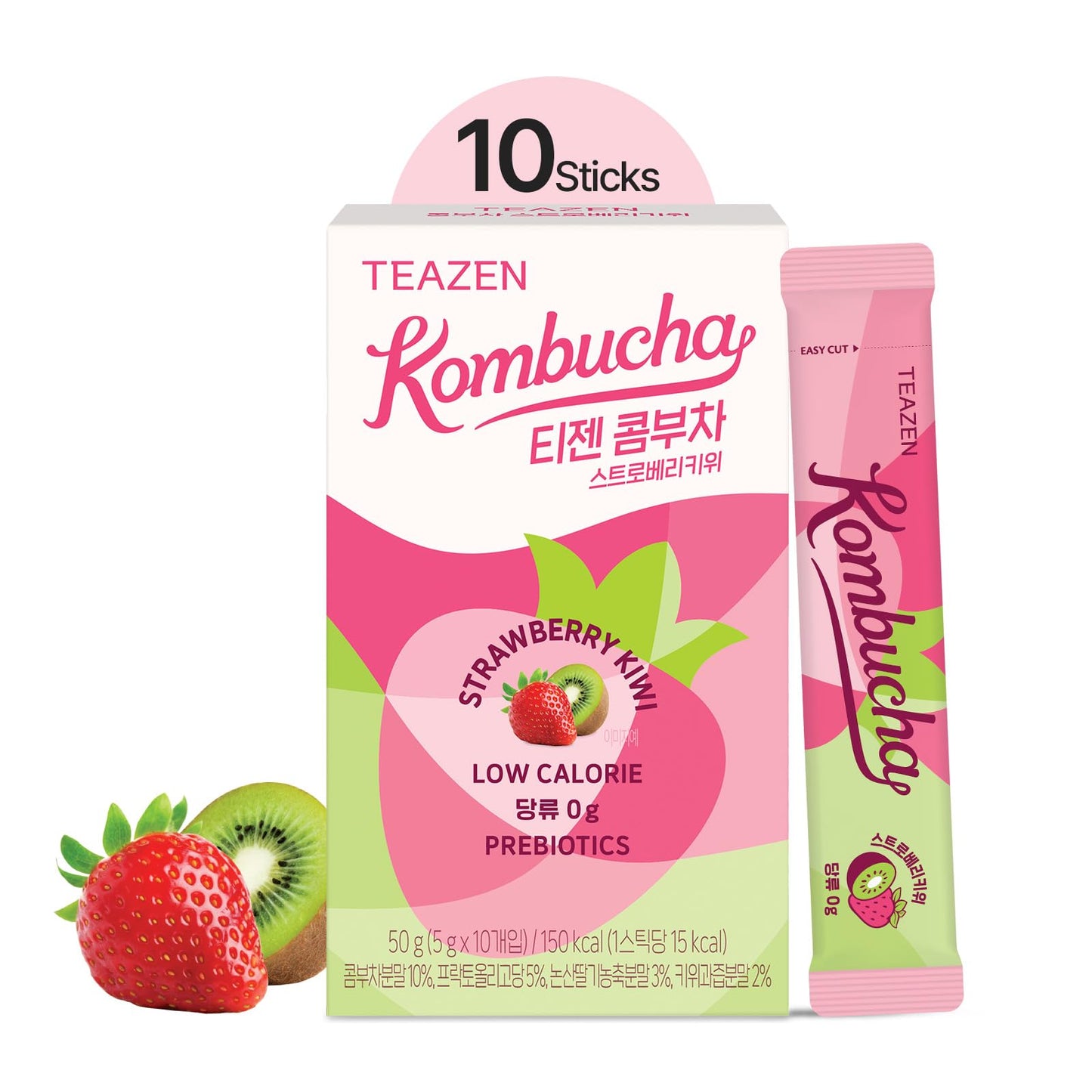 TEAZEN Strawberry Kiwi Kombucha Tea, Sugar Free Hydration Drink Mix, 10 Sticks, 1.76oz