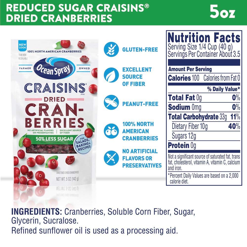 Ocean Spray Craisins Dried Cranberries, Reduced Sugar, 5 Ounce (Pack of 12)