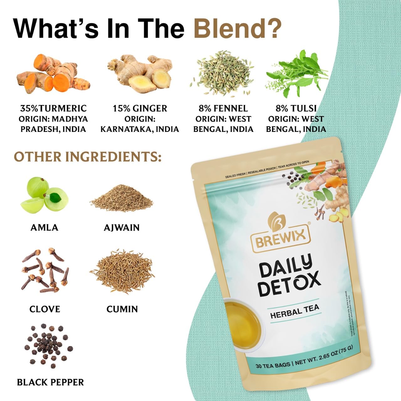 BREWIX Ayurvedic Detox Herbal Tea Bags - Caffeine-Free Herbal Tea, 30 Pyramid Tea Bags, Supports Digestion and Daily Vitality