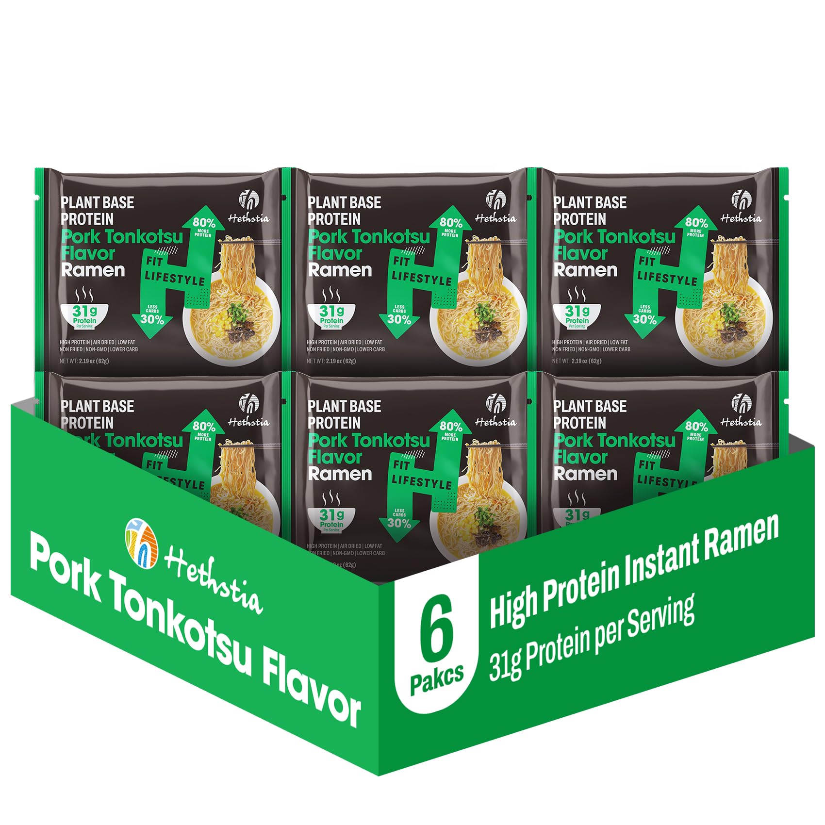 Hethstia High-Protein Ramen Soup, Tonkotsu Flavor, 6 Packs, 31g Plant-Based Protein, Vegan, Low Fat, Easy to Prepare