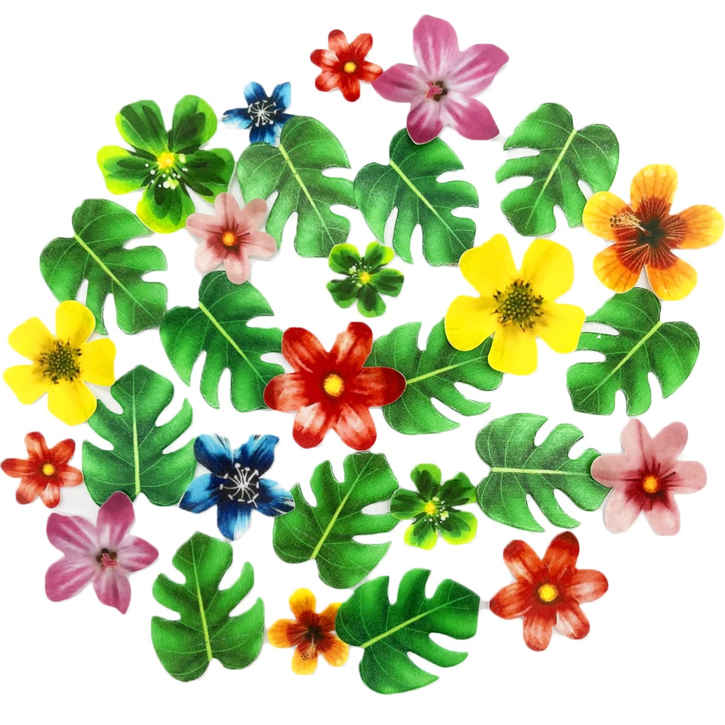 Weraru Cupcake Toppers - 64Pcs Tropical Palm Leaves & Hawaii Flowers, Paper, CL077, Jungle Summer Party Decoration