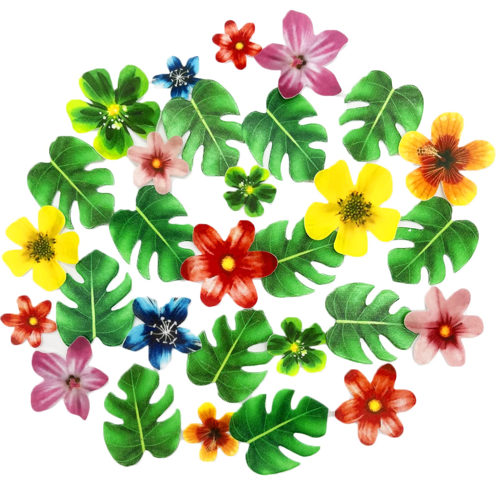 Weraru Cupcake Toppers - 64Pcs Tropical Palm Leaves & Hawaii Flowers, Paper, CL077, Jungle Summer Party Decoration