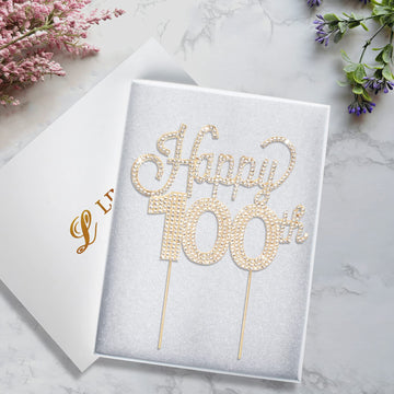 Lingteer Happy 100Th Birthday Gold Rhinestone Cake Topper - Cheers To 100Th Birthday 100 Years Old Anniversary Party Cake Center