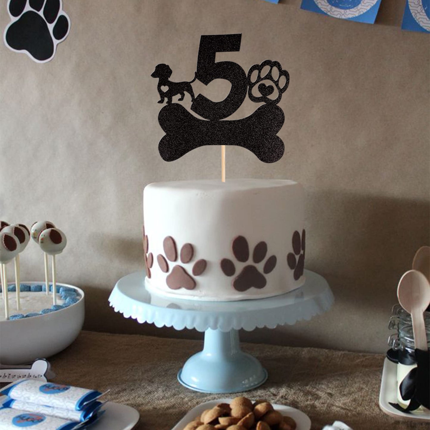 1 Pcs 5Th Birthday Cake Topper Black Glitter Dog Paw Five Years Old Birthday Puppy Dog Bone Cake Pick For Let'S Pawty Baby Showe
