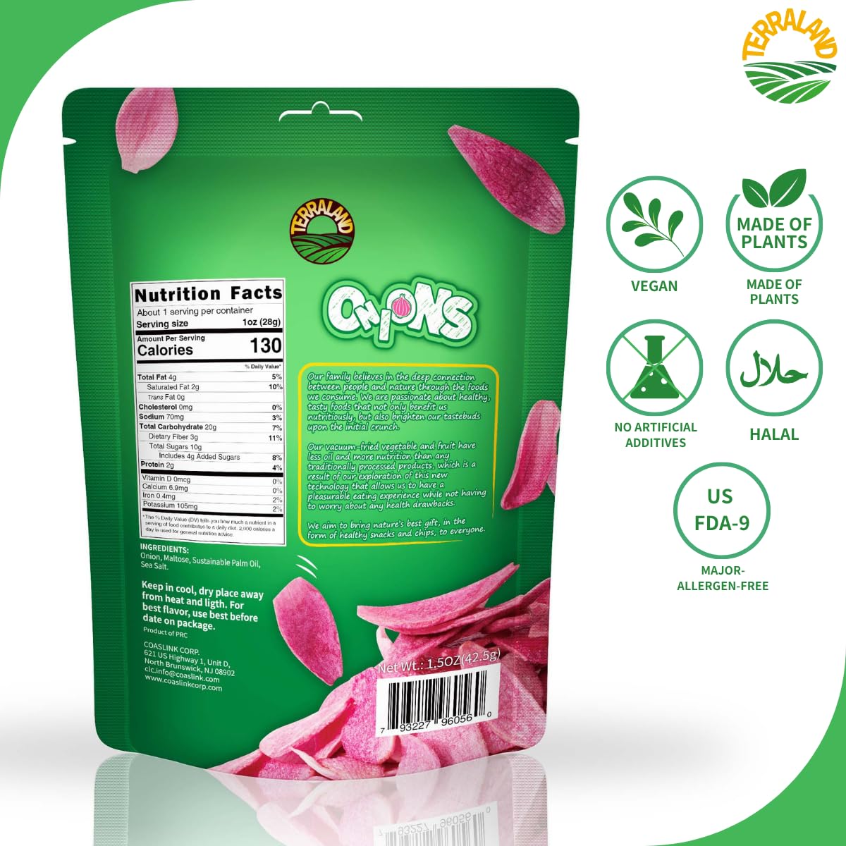 Terraland Onions Crispy Chips - Sea Salt, Crispy & Crunch, Vegan, Snack 1.5Oz Bag - Pack Of 2