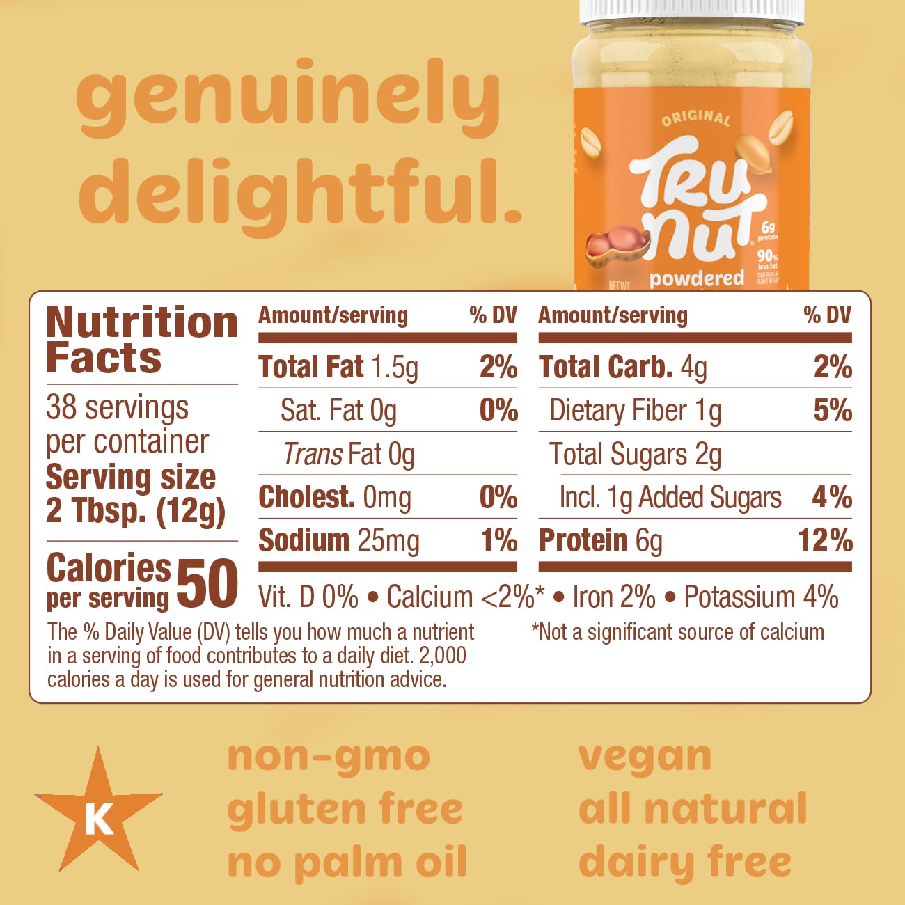 Tru-Nut Peanut Butter Powder - Made with Natural Ingredients - Vegan, Low Carb, Gluten Free, Non GMO - Low Calorie Peanut Butter