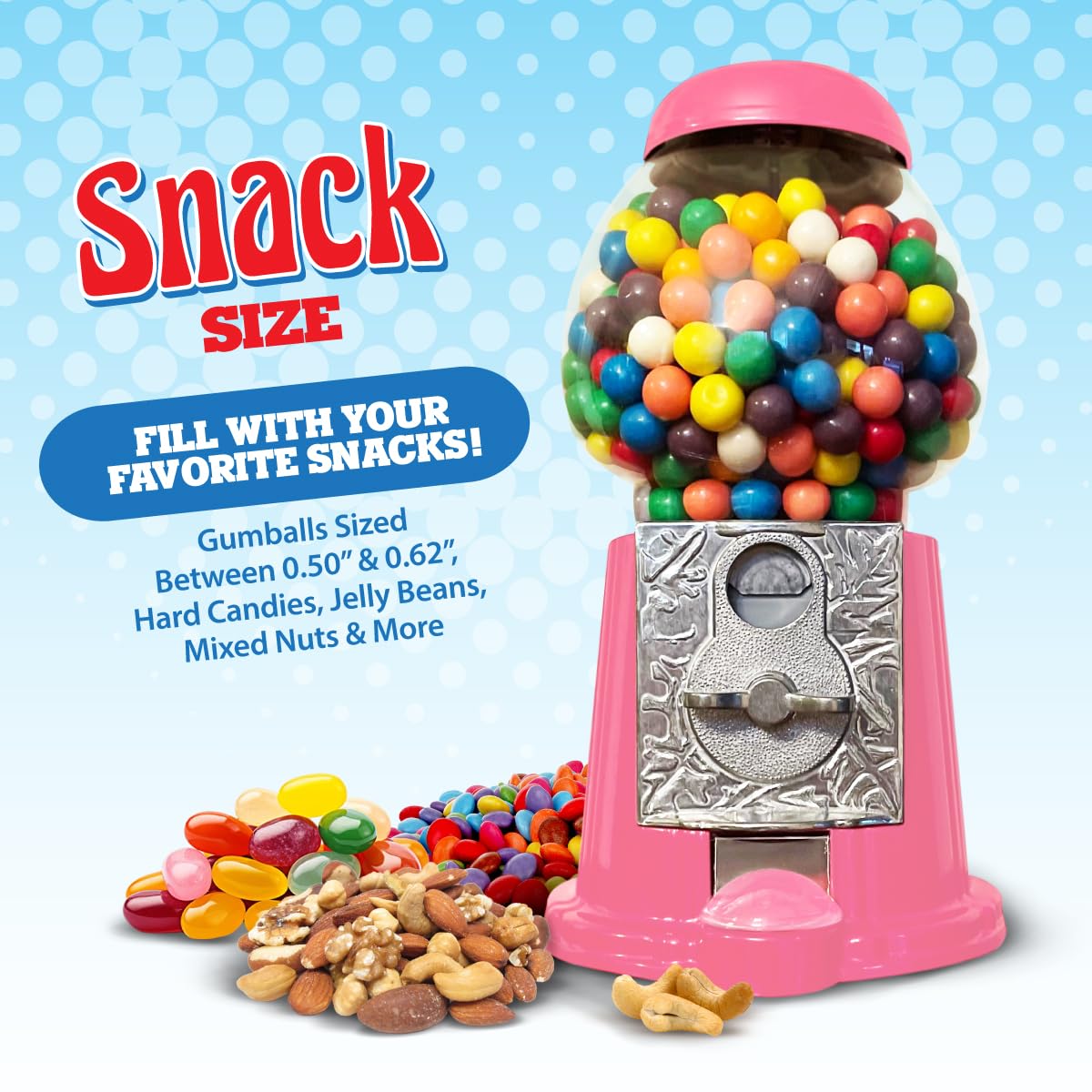 American Gumball Company - Metal 11-Inch Retro Style Pink Gumball Machine, Made For 0.62 Inch Gumballs, Candy Or Nuts, Accepts A