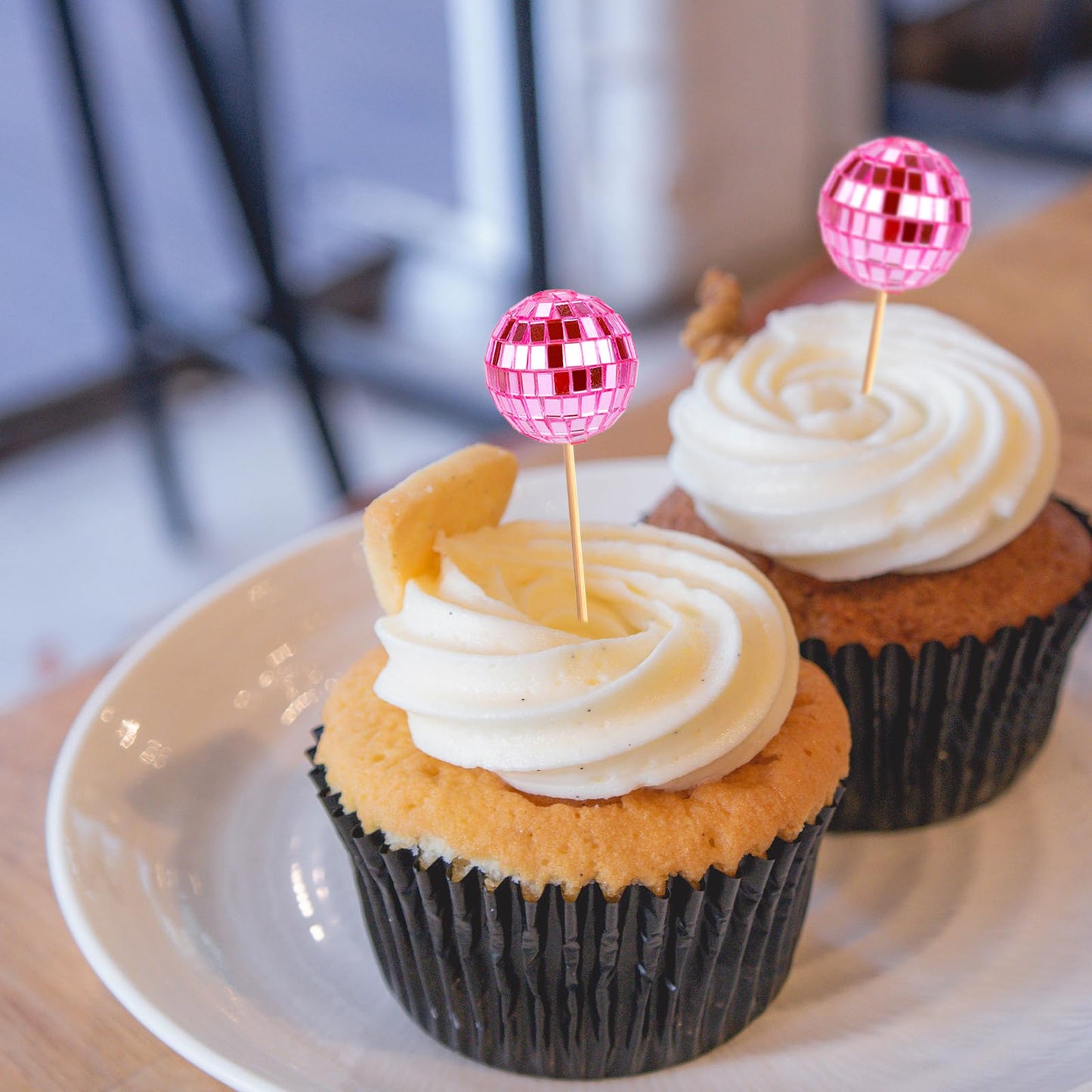 PEUTIER Disco Ball Cupcake Toppers, 30pcs Mini Picks for Dessert Decorations, Pink, Model G04106