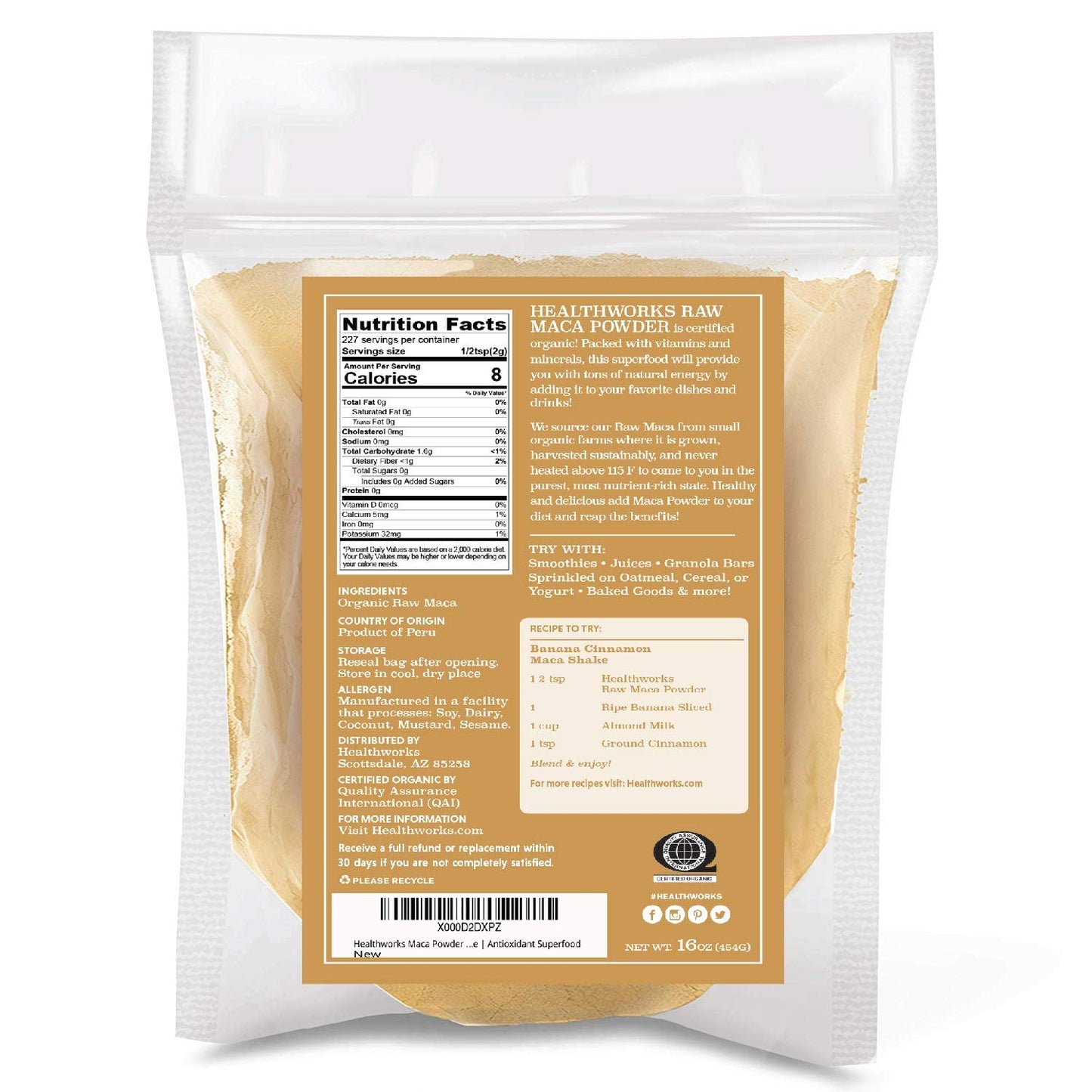 Healthworks Superfoods Organic Maca Powder Raw - 16 Oz / 1 Lb - Certified Organic Flour Use - Keto  Vegan & Non-GMO - enhanced Peruvian Origin - Breakfast  Smoothies  Baking & Coffee - Antioxidant