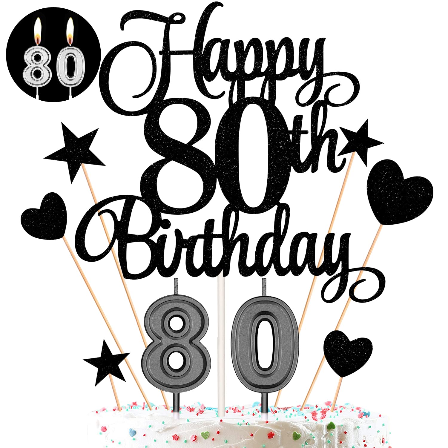 80Th Birthday Cake Decorations Set, 80Th Birthday Candles Numeral 80 Cake Candles And Happy 80Th Birthday Cake Toppers For Party