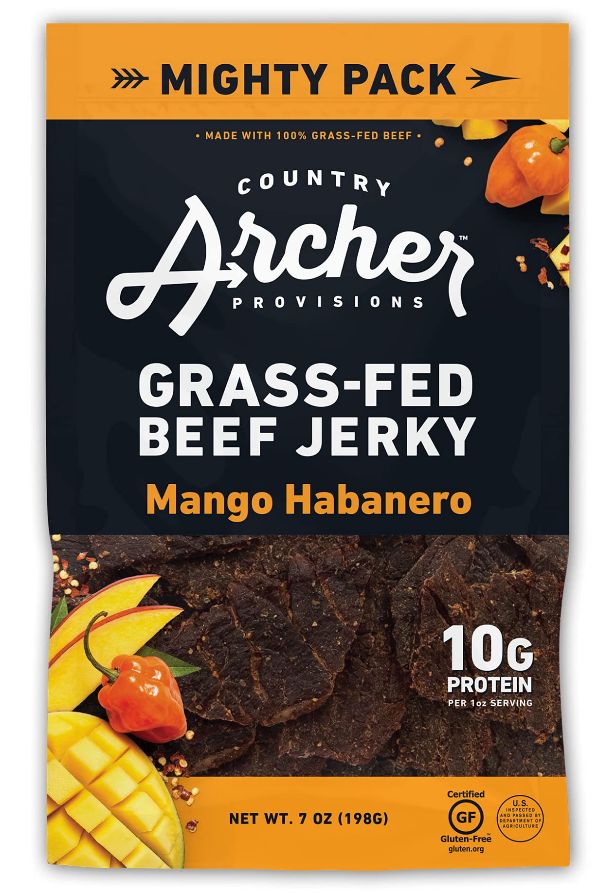 Country Archer Mango Habanero Beef Jerky, 100% Grass-Fed, Gluten Free, 7 Ounce (Pack Of 1)