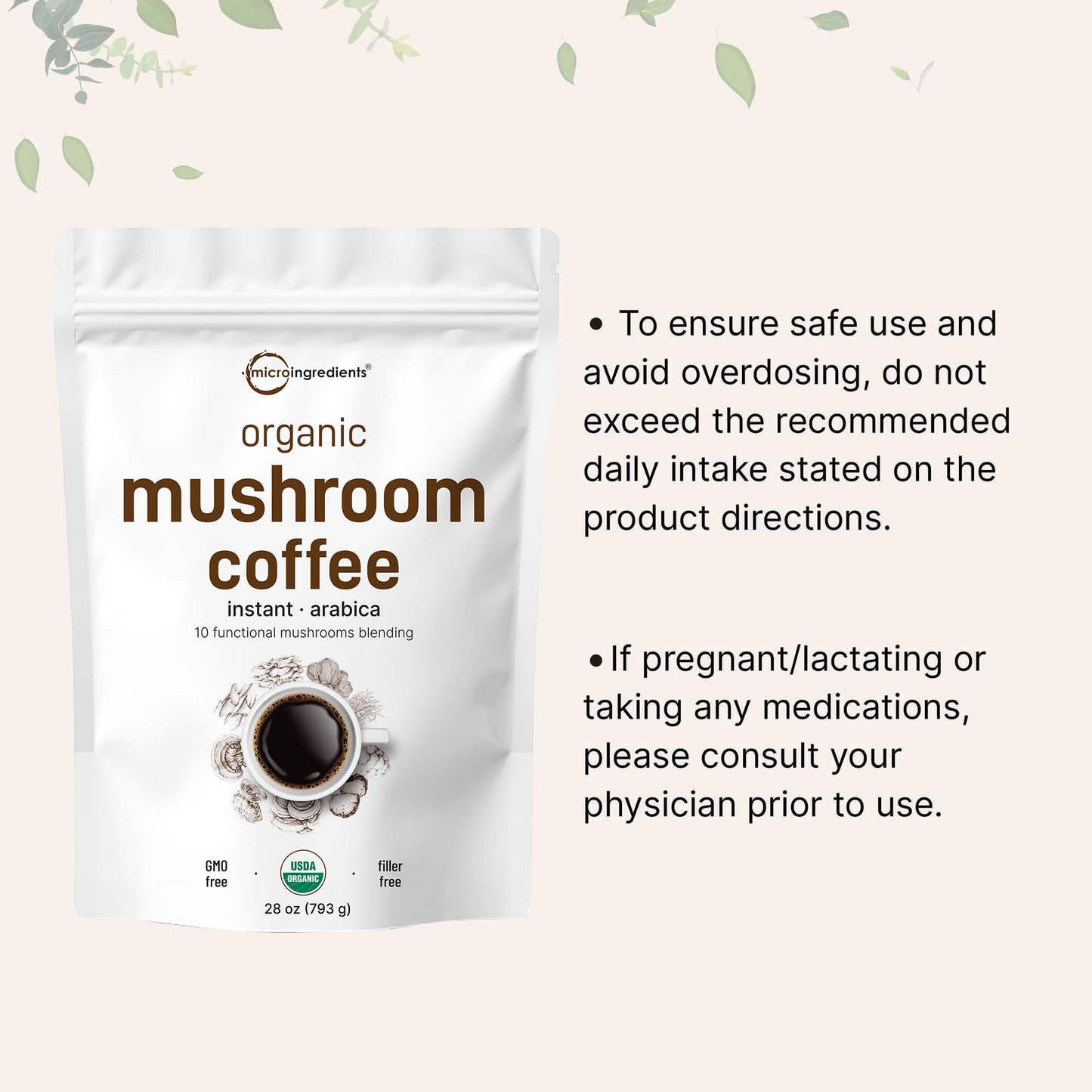Micro Ingredients Organic Instant Mushroom Coffee Powder with Lion’s Mane, Chaga & Reishi, 28oz, Smooth Medium Roast, 317 Servings