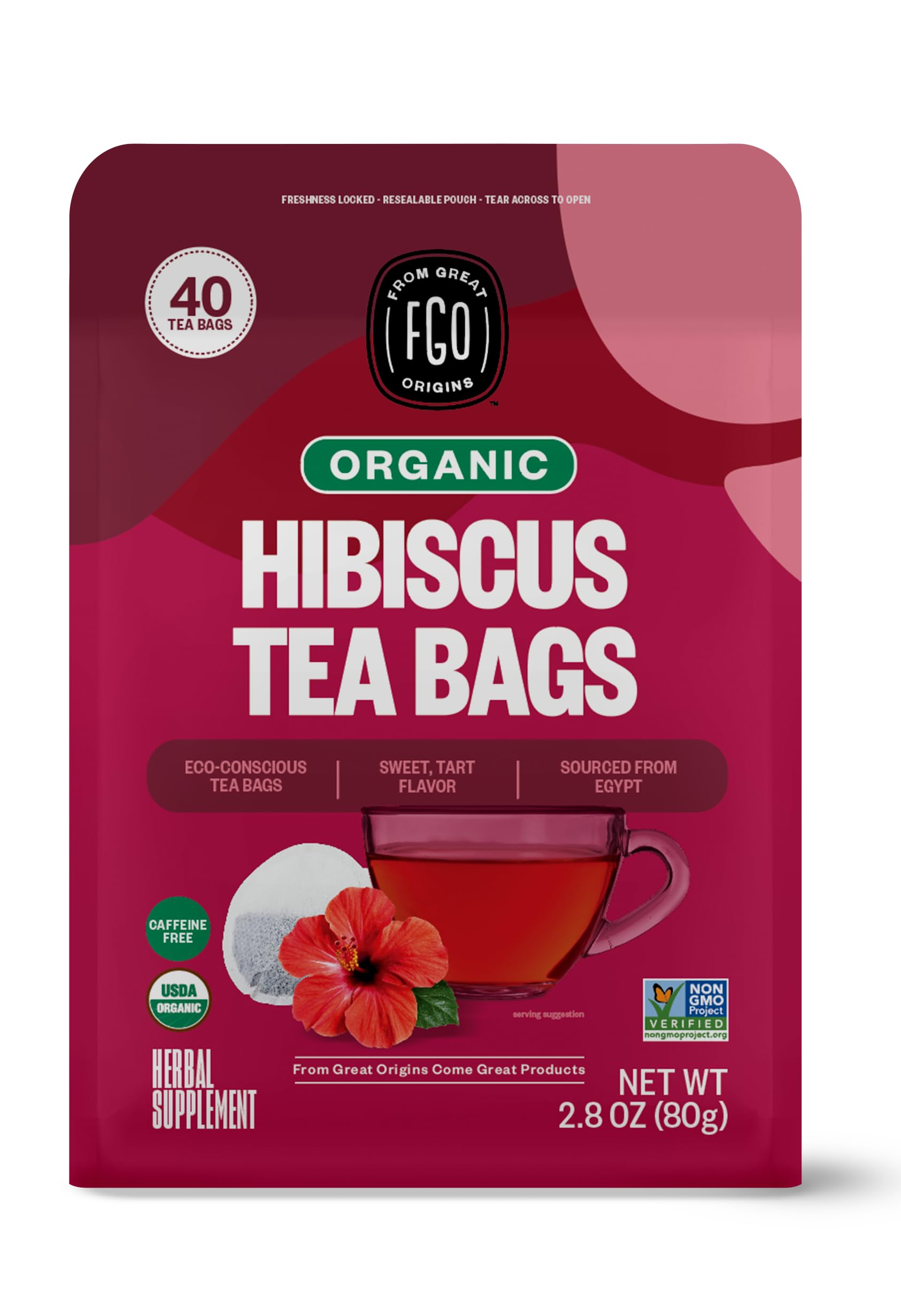 FGO Organic Hibiscus Herbal Tea  40 Count  Eco-Conscious Tea Bags  Caffeine Free (Pack of 1)