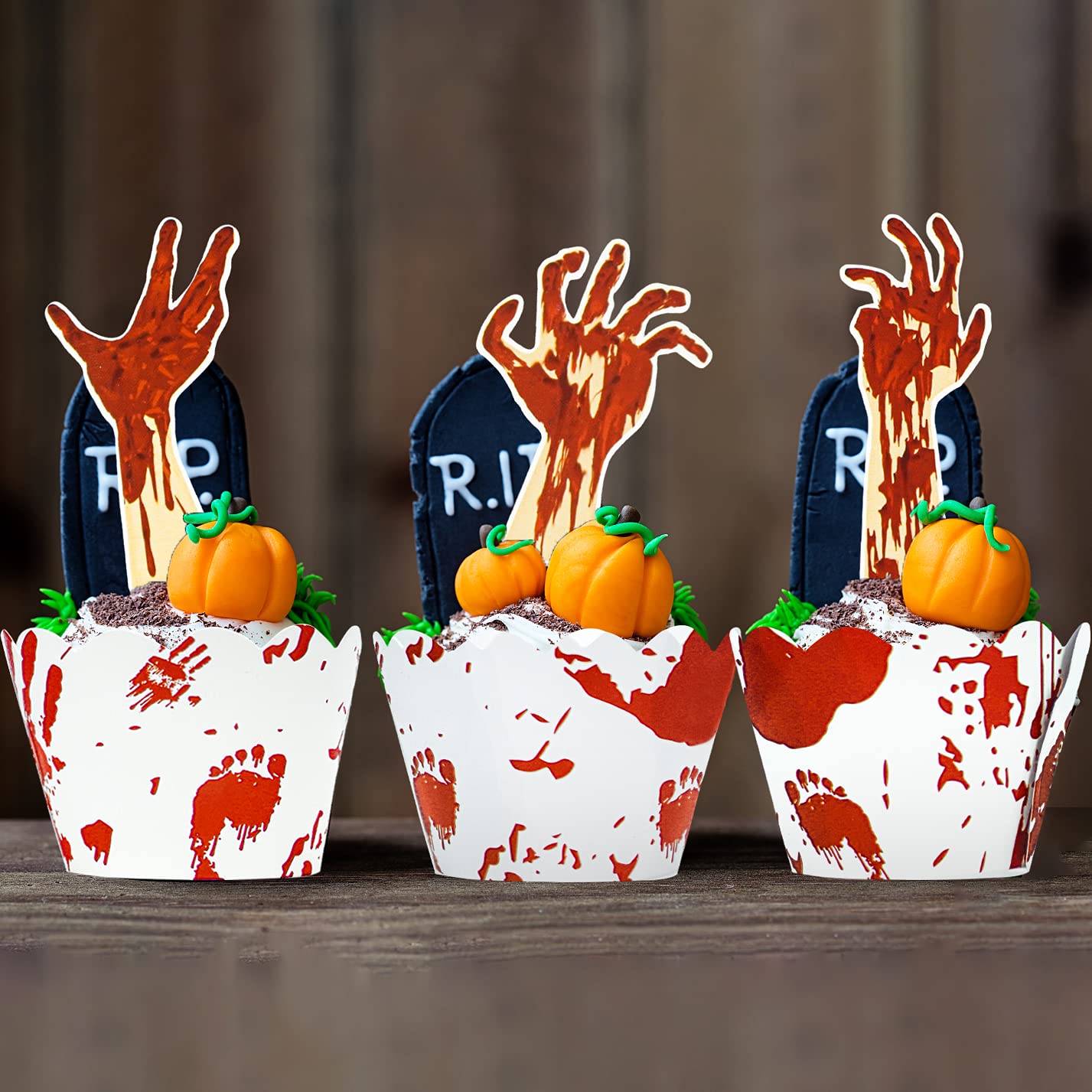 72Pcs Halloween Cupcake Toppers Supplies 36 Pcs Zombie Hand Tombstone Cupcake Toppers And 36 Pcs Horror Red Handprint Cupcake Wr