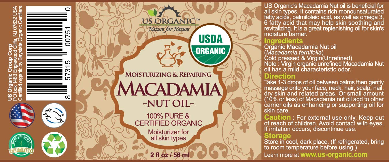 US Organic Macadamia Nut Oil, Unrefined Virgin, Cold Pressed, 2 Fl Oz, Golden Yellow, Amber Glass Bottle with Dropper