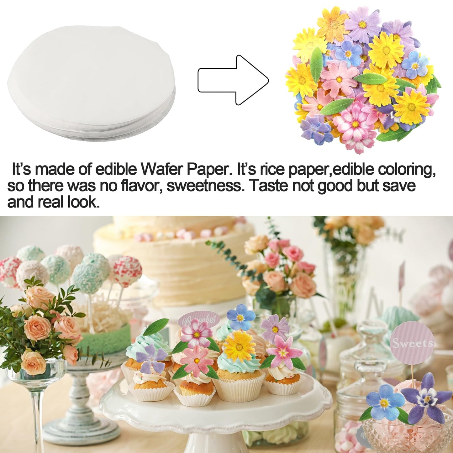 Morofme 60Pcs Edible Flower Cake Decorations Wafer Paper Flowers Hawaiian Flower Leaves Cake Decor Daisy Cupcake Topper Mixed Si