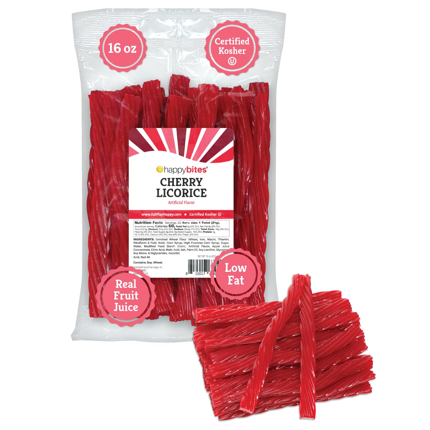 Happy Bites Cherry Licorice Twists (16 Oz) - Jumbo Size - Made With Real Fruit Juice - Certified Kosher - Vegan - Gourmet - Low