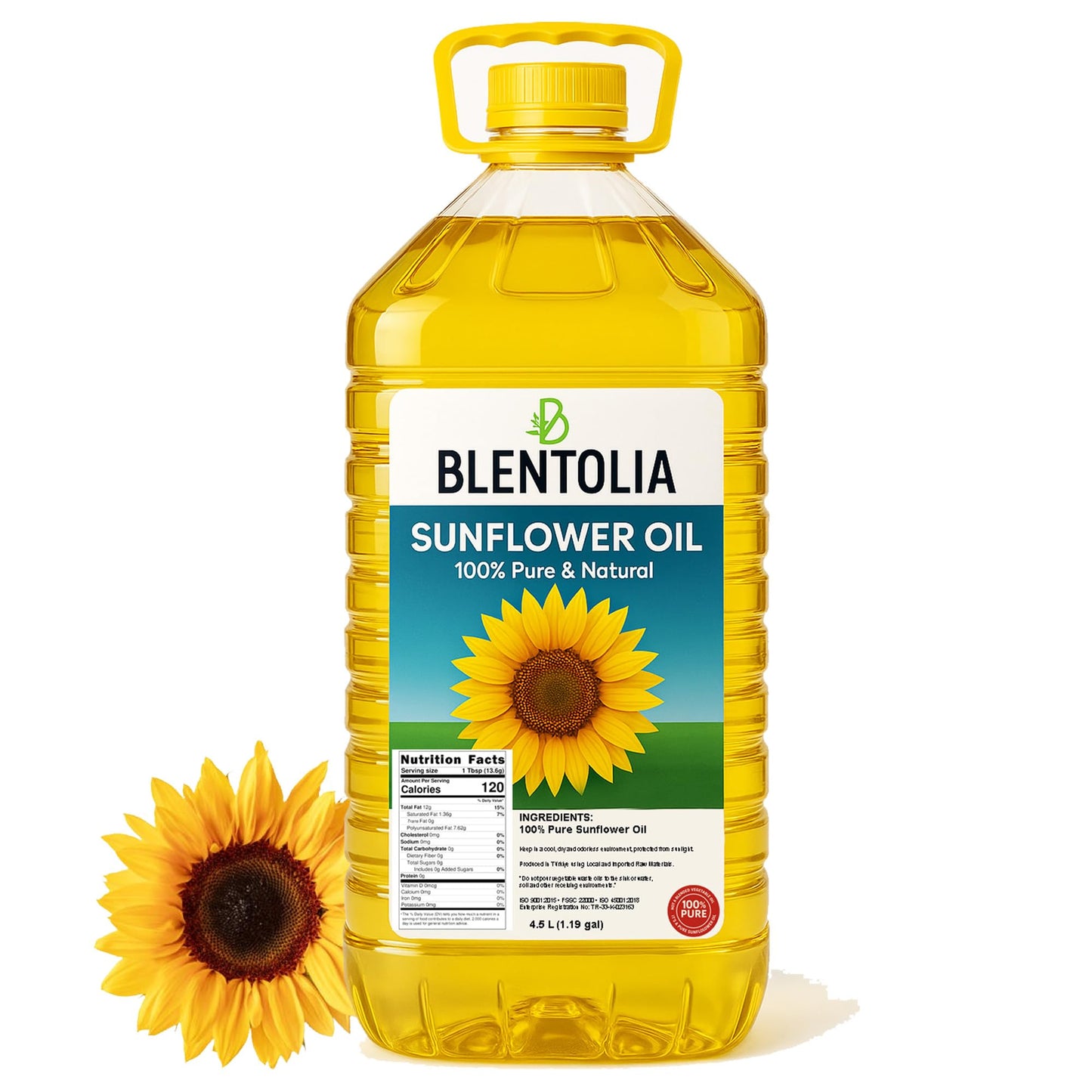 BLENTOLIA 100% Pure Sunflower Oil - Non-GMO, Light Taste, 4.5L, Ideal for Frying, Cooking & Baking