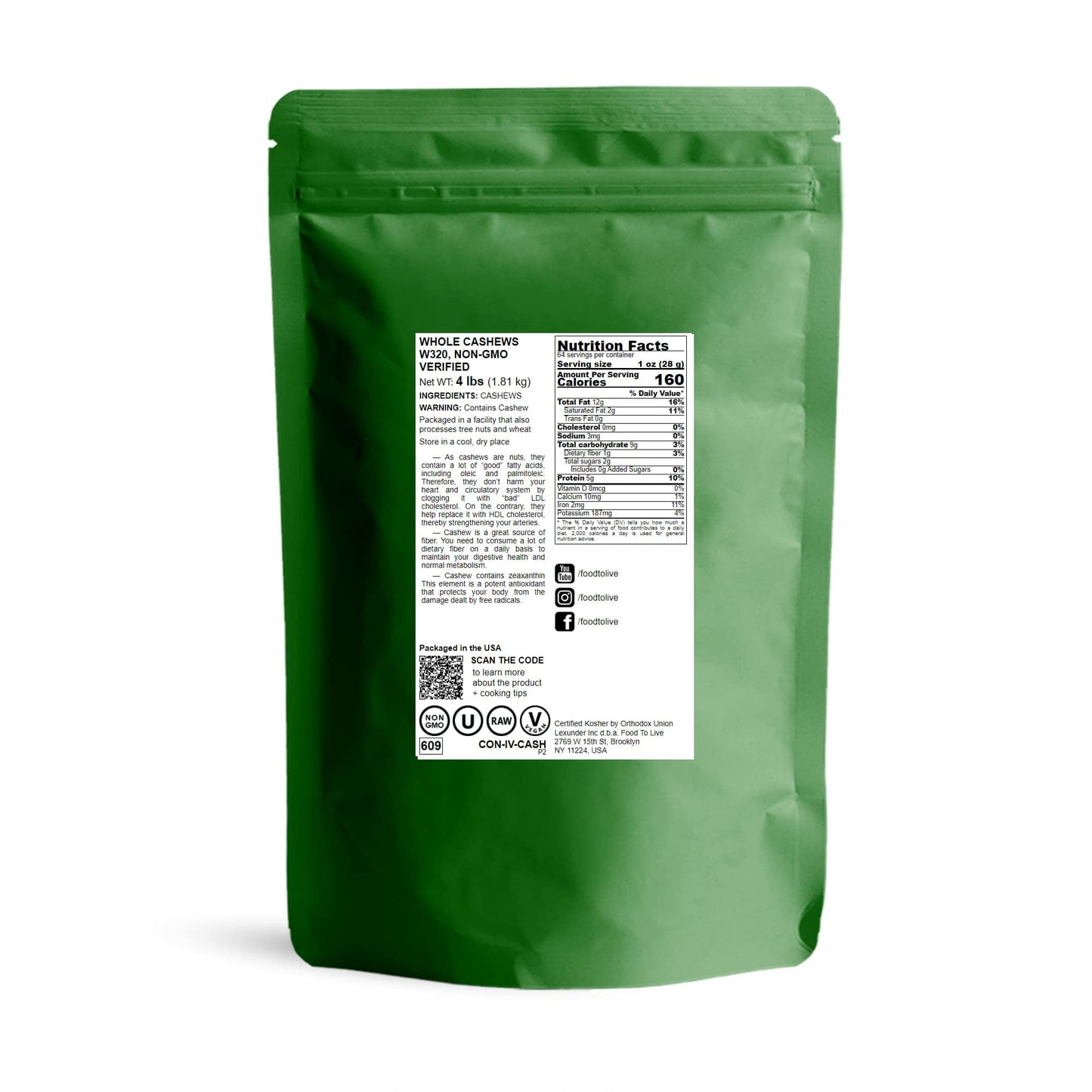 Food To Live - Raw Cashews, 4 Pounds Deluxe Whole Nuts, Unsalted, Unroasted Fancy Snack, Size W-320, Kosher, Vegan, Bulk, A Good Source Of Magnesium, Phosphorus, Manganese & Copper