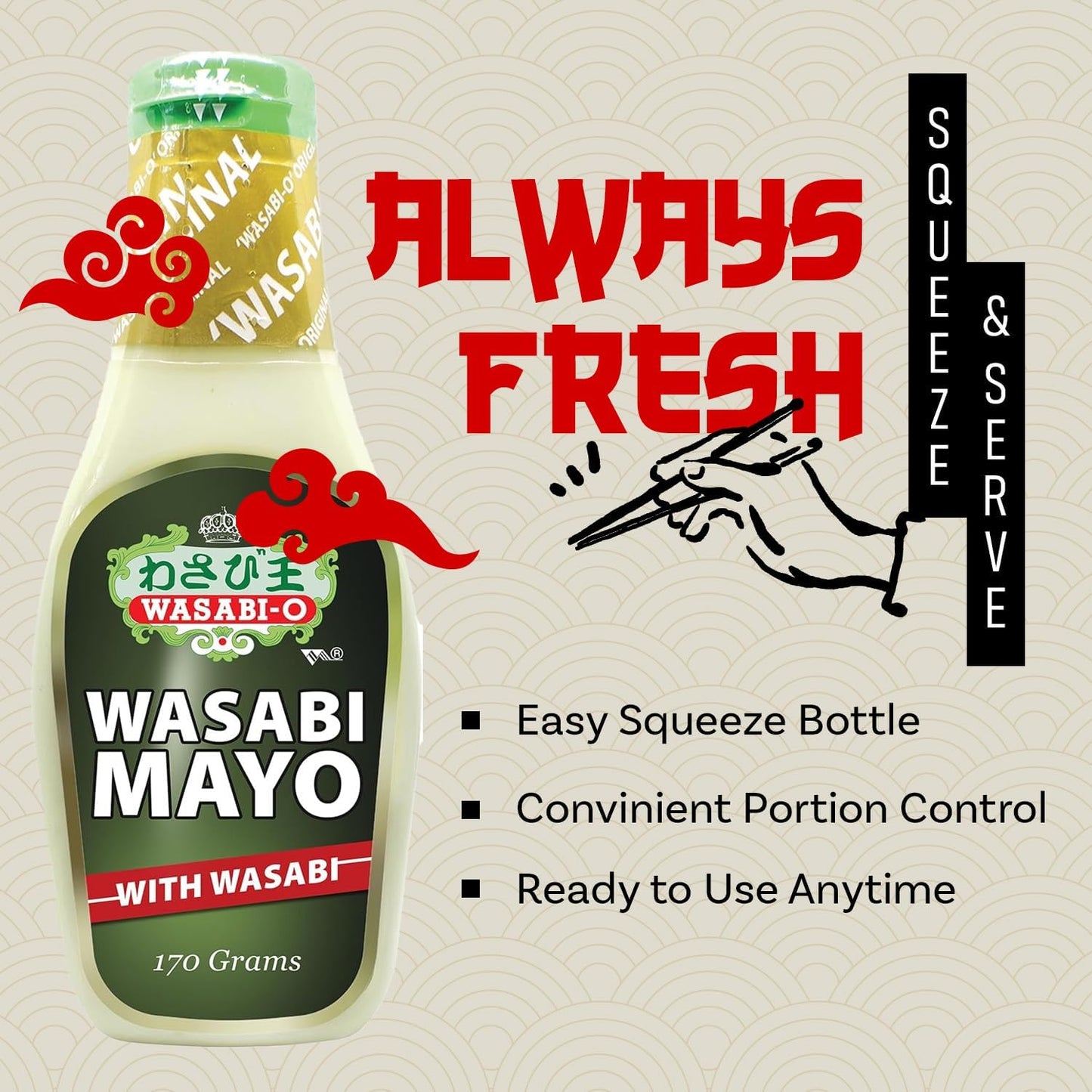 Wasabi Mayo by Wasabi-O - Spicy Japanese Mayo - Smooth & Zesty - Organic & Fat Free Mayo - Perfect for Sushi, Burgers, Dipping -