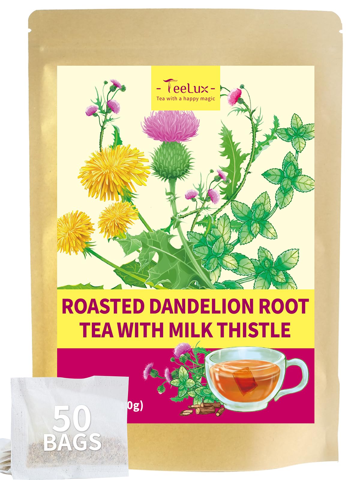 TeeLux Roasted Dandelion Root Tea with Milk Thistle & Peppermint, Caffeine Free, 50 Count