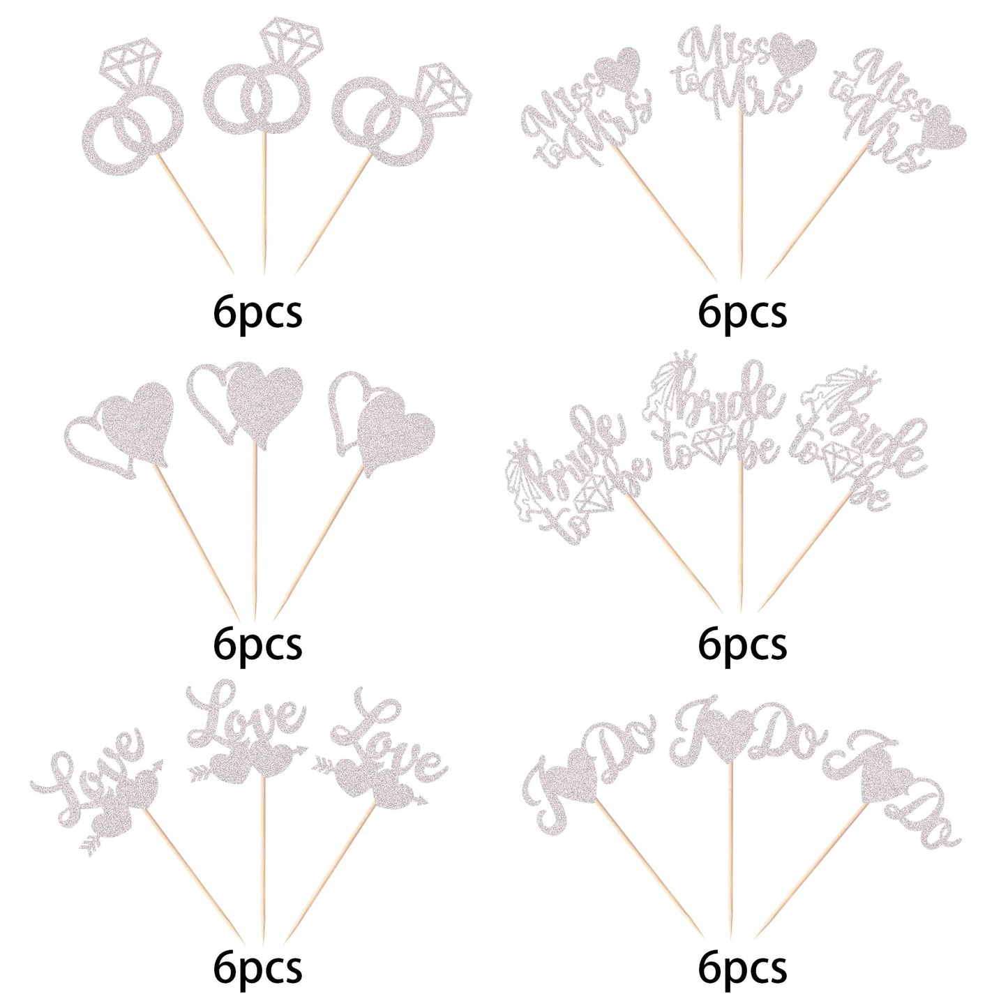 YCTHUNFISH 36 Pack Bridal Shower Cupcake Toppers, Glitter Diamond Ring, Card Stock, Silver