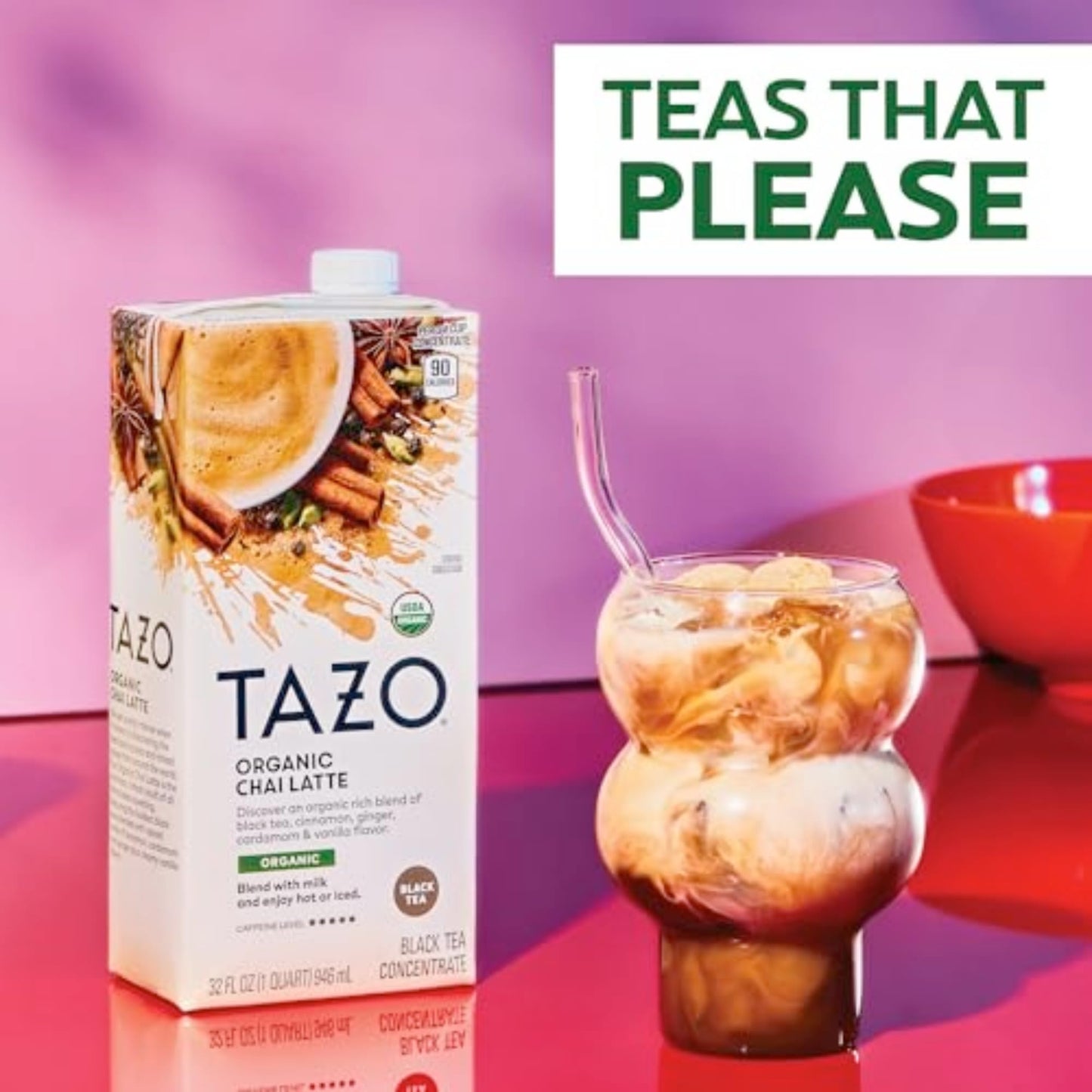 TAZO Organic Chai Latte Concentrate, Easy-to-Serve, 32 oz Carton, Pack of 2