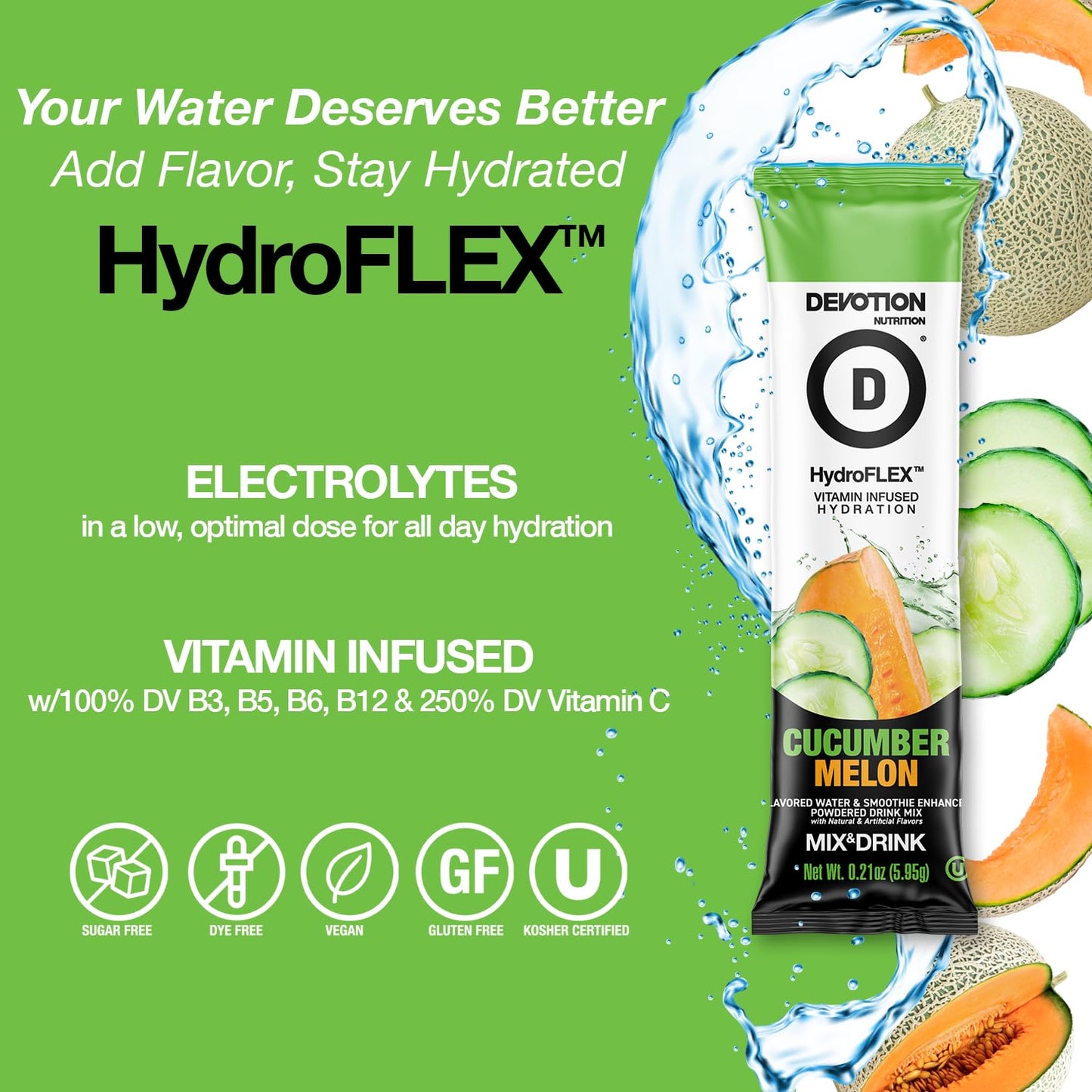 Devotion Nutrition HydroFLEX Water Flavoring Packets – Sugar-Free, Dye-Free, Gluten-Free, Cucumber Melon, 12-Pack, 2.52 Ounce