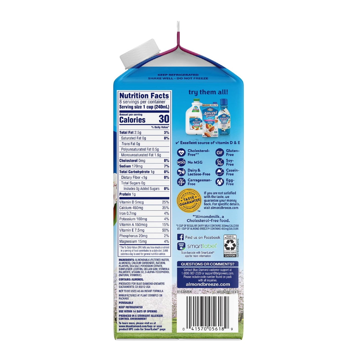 BLUE DIAMOND Unsweetened Vanilla Almondmilk, 0.5 GL