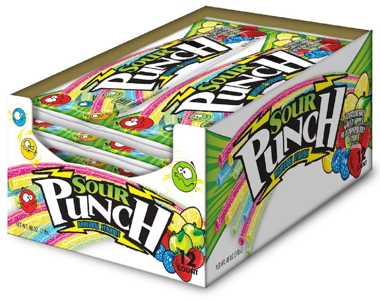 Sour Punch Straws, Rainbow Flavors, 4.5Oz Tray (Pack Of 12), Lemon, Apple, Strawberry & Blue Raspberry Soft And Chewy Candy