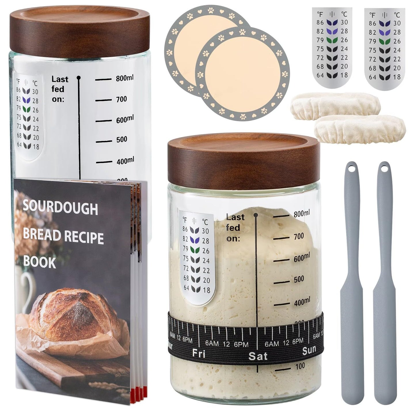 Sourdough Starter Kit,34oz Sourdough Starter Jar Glass with Sourdough Recipes Cookbook.Sourdough Bread Baking Supplies with Ther