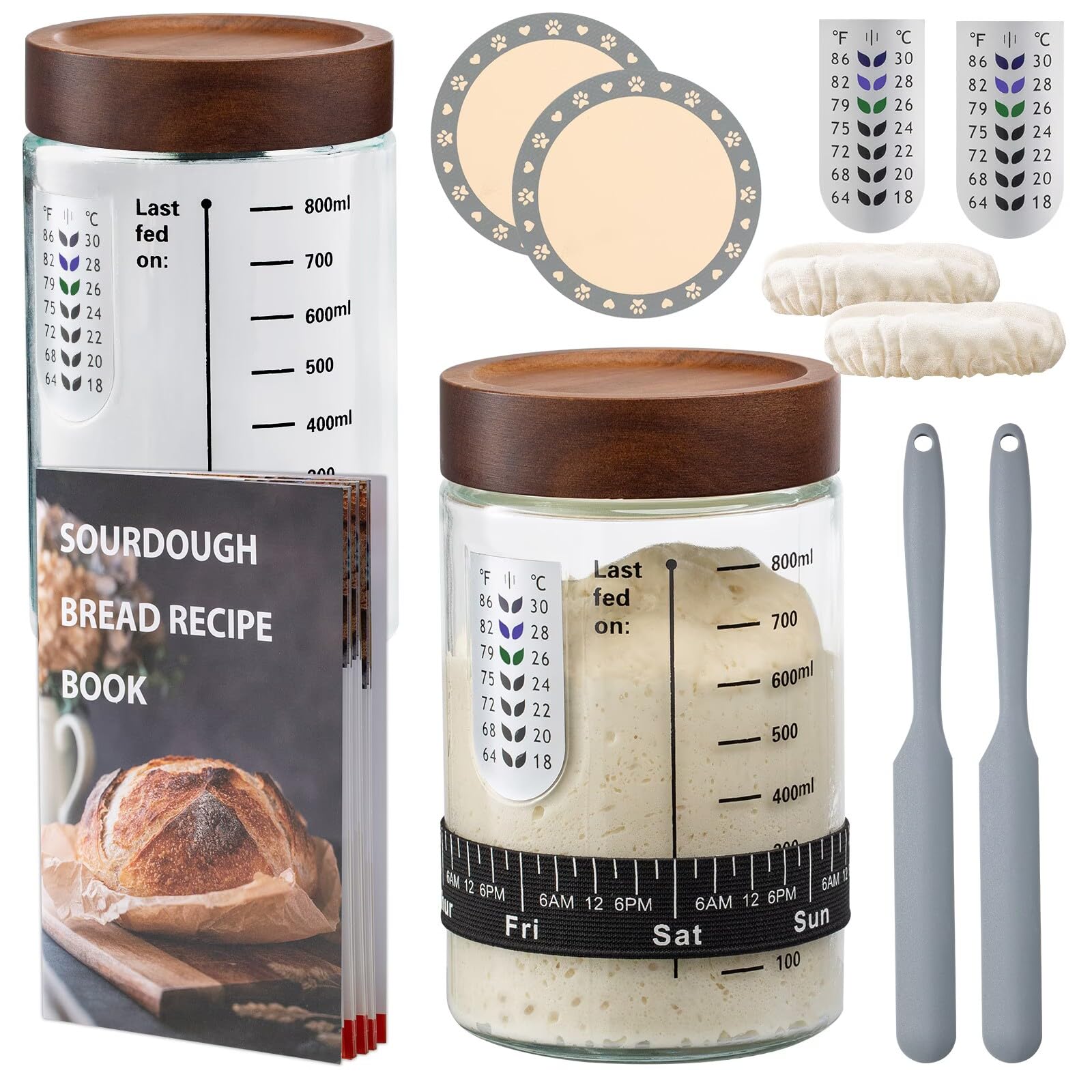 Sourdough Starter Kit,34oz Sourdough Starter Jar Glass with Sourdough Recipes Cookbook.Sourdough Bread Baking Supplies with Ther