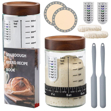 Sourdough Starter Kit,34oz Sourdough Starter Jar Glass with Sourdough Recipes Cookbook.Sourdough Bread Baking Supplies with Ther