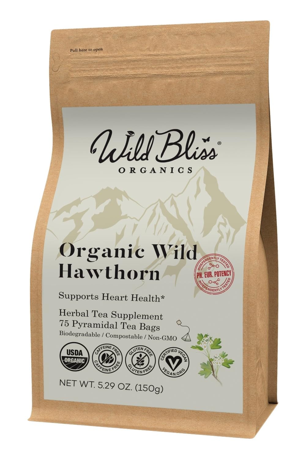 Wild Bliss Organic Wild Hawthorn Leaf and Flower Herbal Tea - Caffeine Free - 75 Plant Based Tea Bags - Loose Leaf