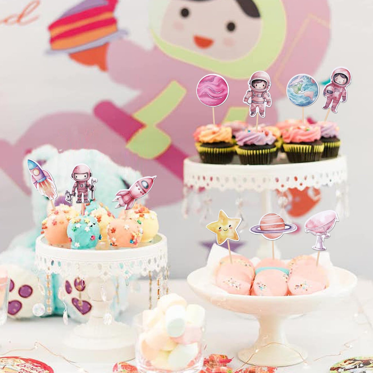 40 Pcs Astronaut Cupcake Toppers - Space Girl, Star, Rocket, Planet, Earth, Cake Decorations For Space Theme Gender Reveal Baby