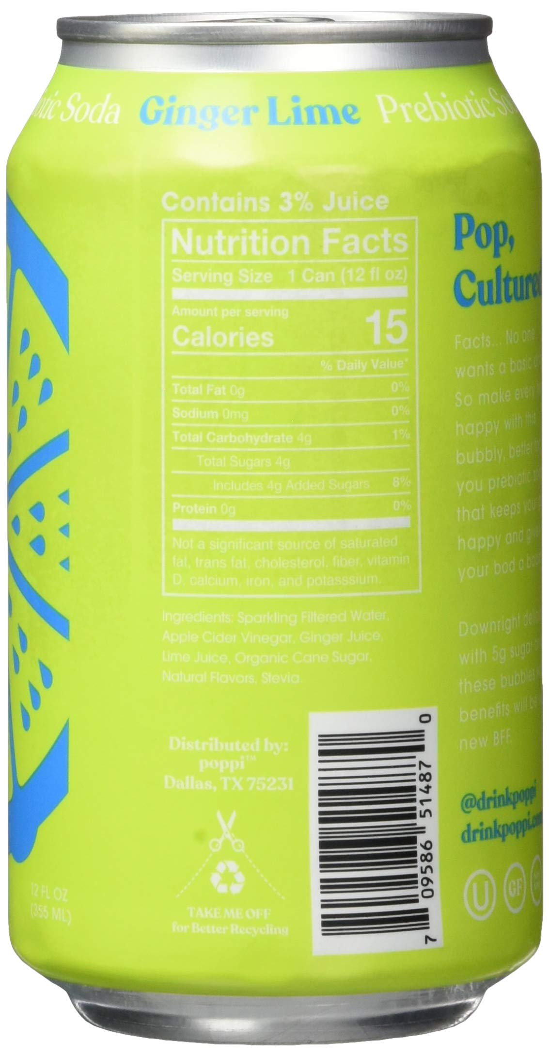 Poppi Ginger Lime Prebiotic Soda, 12 Fl Oz (Pack of 12)