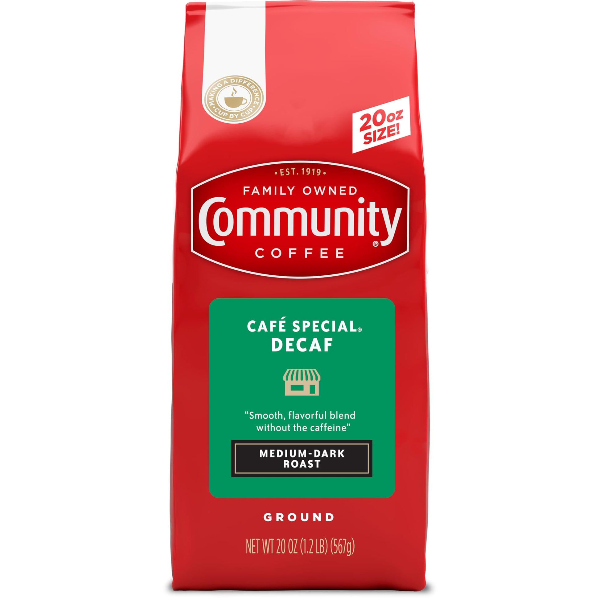 Community Coffee Cafe Special Decaf Ground Coffee, Medium-Dark Roast, 20 Ounce Pack