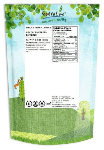 Food to Live - Whole Green Lentils, 4 Pounds Dried Raw Lentils, Sproutable, Kosher, Vegan. Rich in Dietary Fiber, and Protein. N