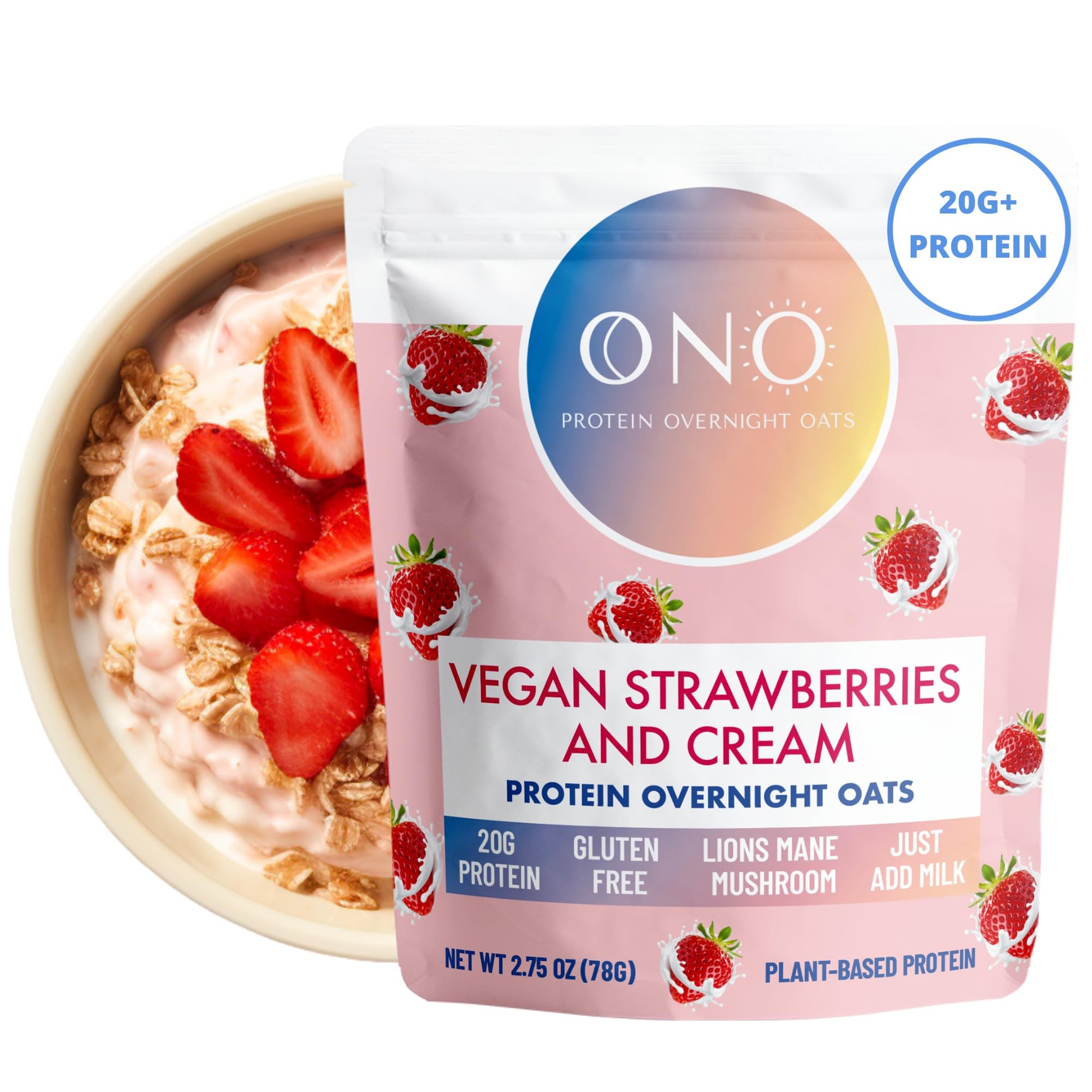 ONO Overnight Oats - Vegan Strawberries and Cream Protein Oatmeal (6 Pack)- 20g Vegan Protein, High Fiber, Low Sugar, Gluten-Fre