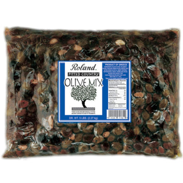 Roland Foods Greek Country Olive Mix, Whole Pitted Olives Marinated With Garlic And Pepperoncini Peppers, Specialty Imported Food, 5 Pound Bag, Pack Of 1
