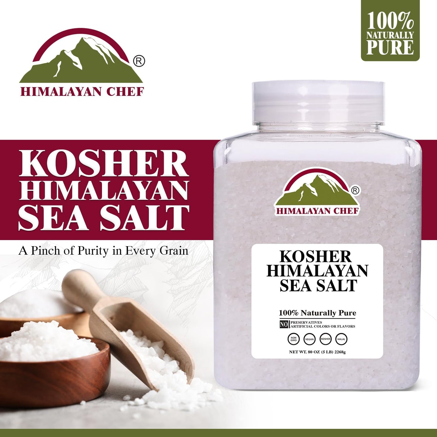Himalayan Chef Kosher Sea Salt – Unrefined, Less Sodium, 5 lb Plastic Jar, Non-GMO Certified, Natural and Organic