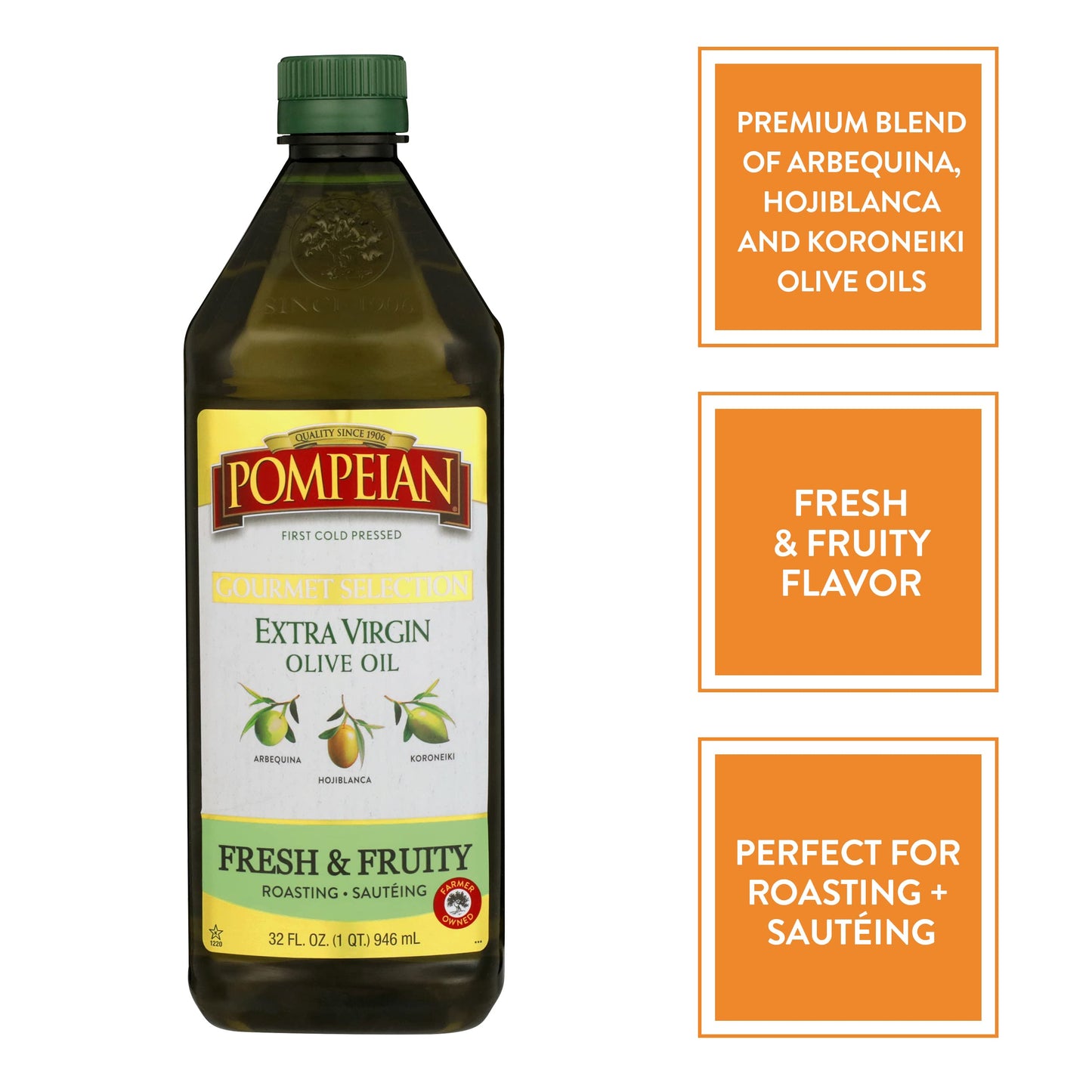 Pompeian Extra Virgin Olive Oil, First Cold Pressed, Fresh & Fruity, 32 FL. OZ, Model JTIE-90