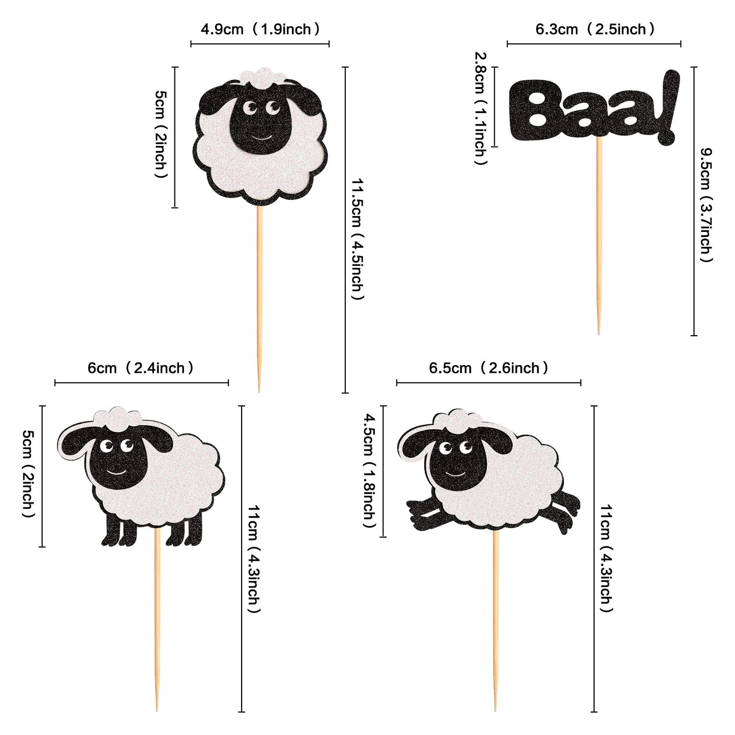Ercadio 24 Pack Sheep Cupcake Toppers Black Glitter Farm Animals Cupcake Picks Sheep Baa Cupcake Decors Sheep Theme Baby Shower