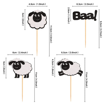 Ercadio 24 Pack Sheep Cupcake Toppers Black Glitter Farm Animals Cupcake Picks Sheep Baa Cupcake Decors Sheep Theme Baby Shower