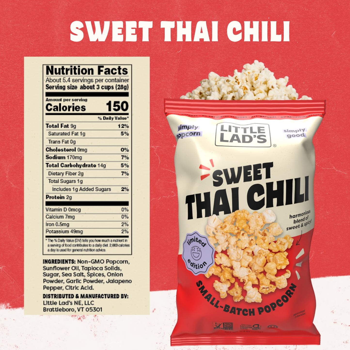 Little Lads Healthy Popcorn - Vegan, Gluten-Free, Non-Gmo Popcorn With Sweet Thai Chili Flavor -5.4 Oz (Pack Of 3) (5.4 Ounce (P