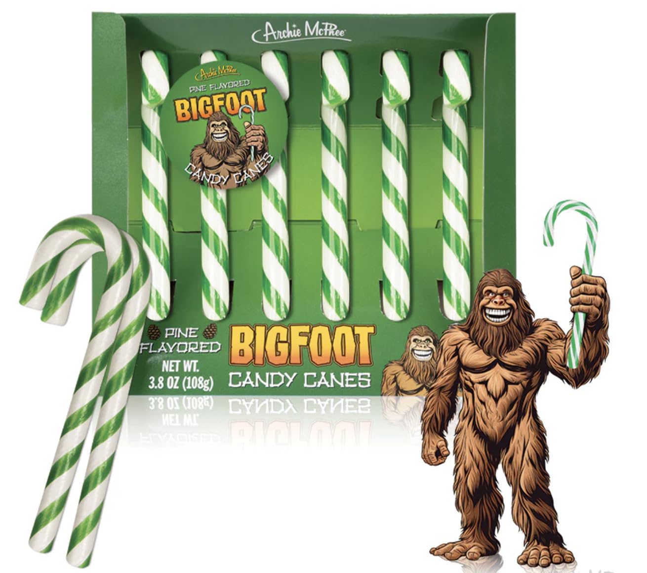 Archie McPhee Bigfoot Pine Flavor Candy Canes - Holiday Candy, Perfect Christmas Stocking Stuffer and Gag Gift