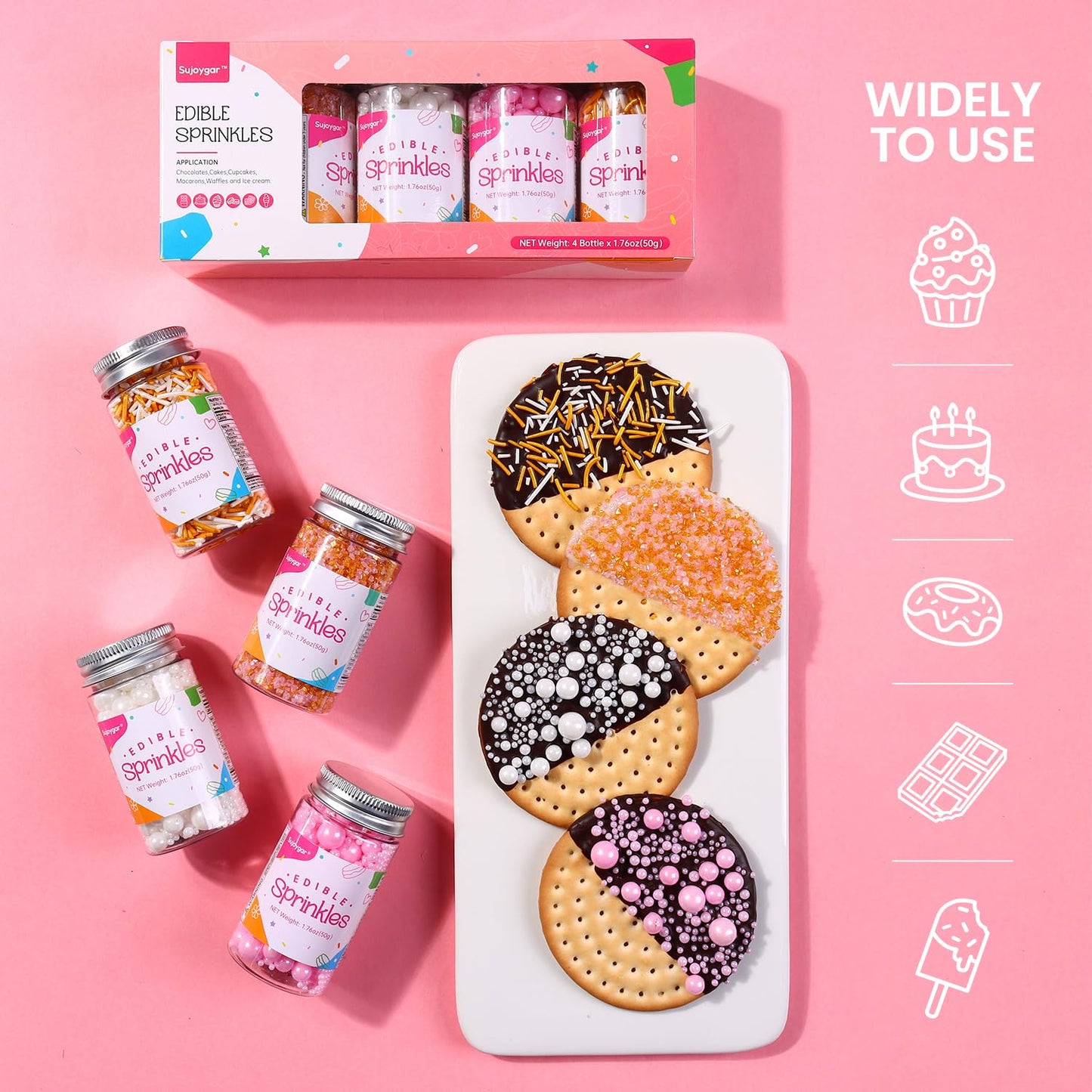 Pink Sprinkles Set, Sujoygar Edible Valentines Cake Sprinkles, Fancy Pink Gold White Sprinkles Mix For Cake Decorating Cupcakes