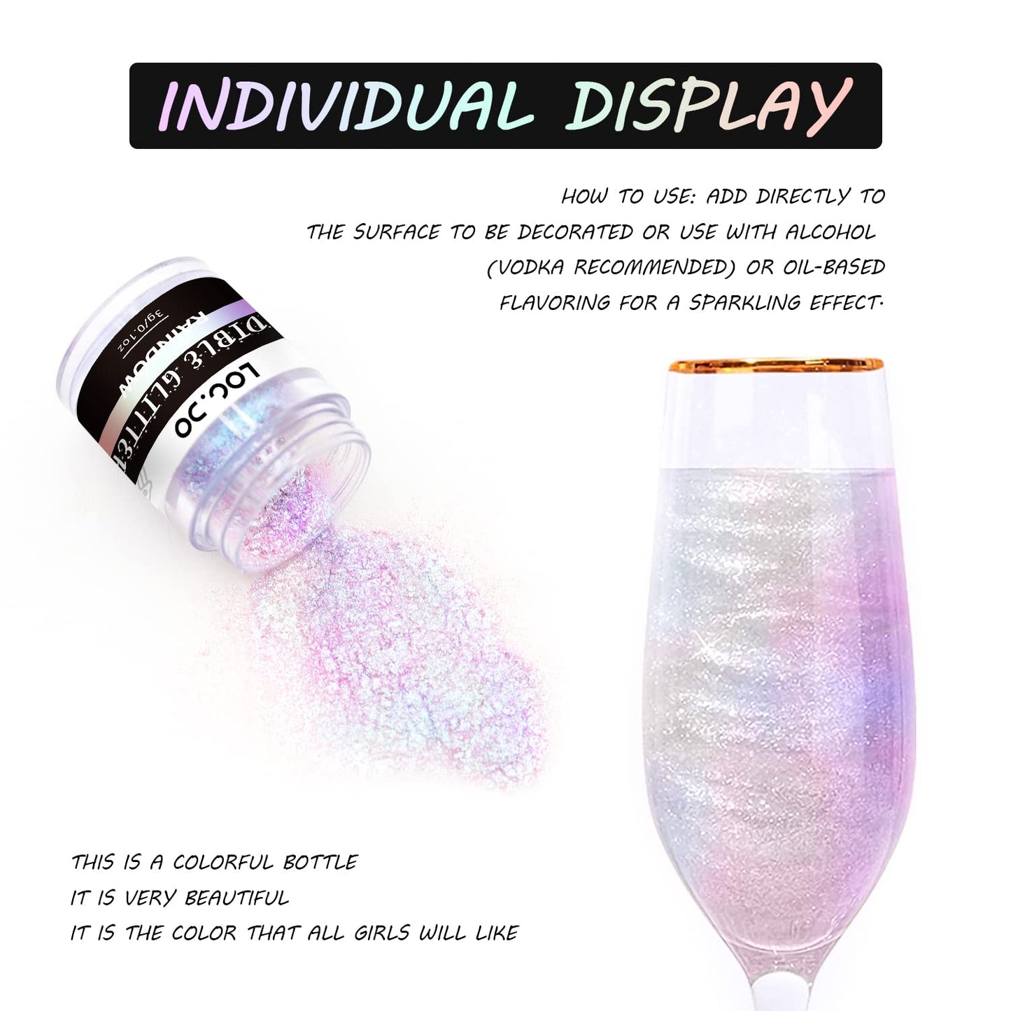 LOCDO Edible Glitter Set - 12 Food Grade Luster Dust Colors for Drinks, Cakes, Cupcakes, Vegan & Gluten Free (3g/bottle)