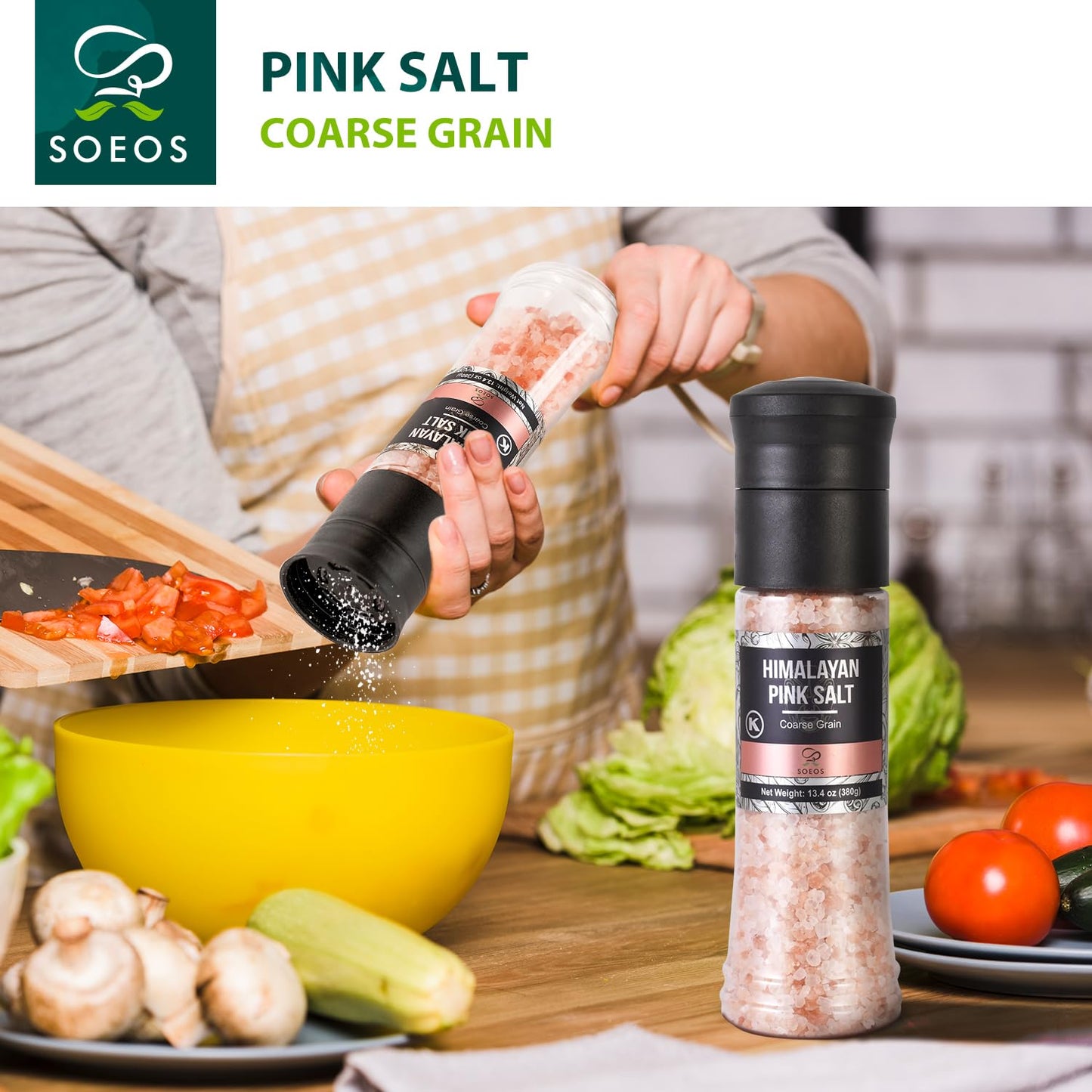 Soeos Salt Grinder Set  Himalayan Pink Salt  Coarse Grain  Salt for Grinder Refill  13.4 Oz (380g)  Refillable Plastic Bottle  Rock Salt  Kosher Salt Set (Pack of 1)